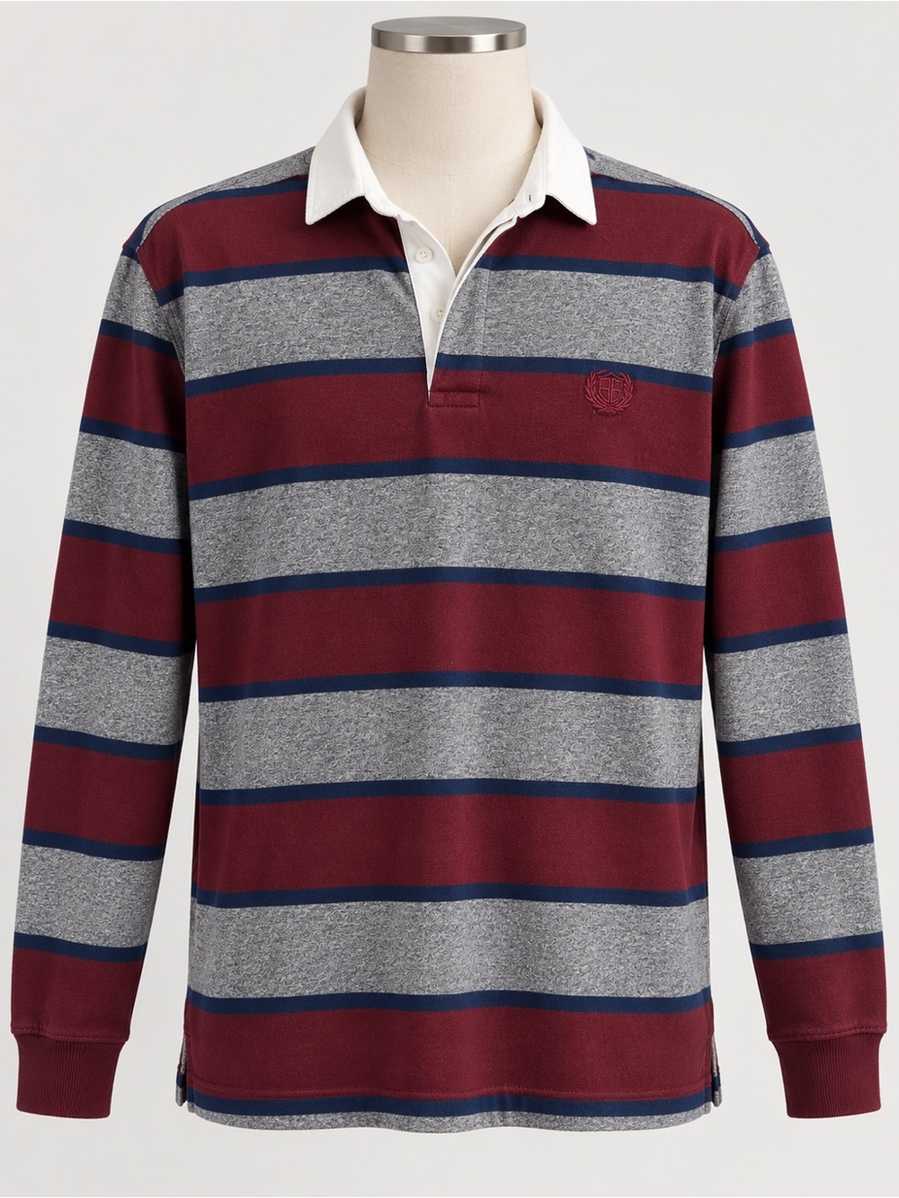 Denver Hayes Unisex Maroon, Gray & Navy Striped Rugby Polo